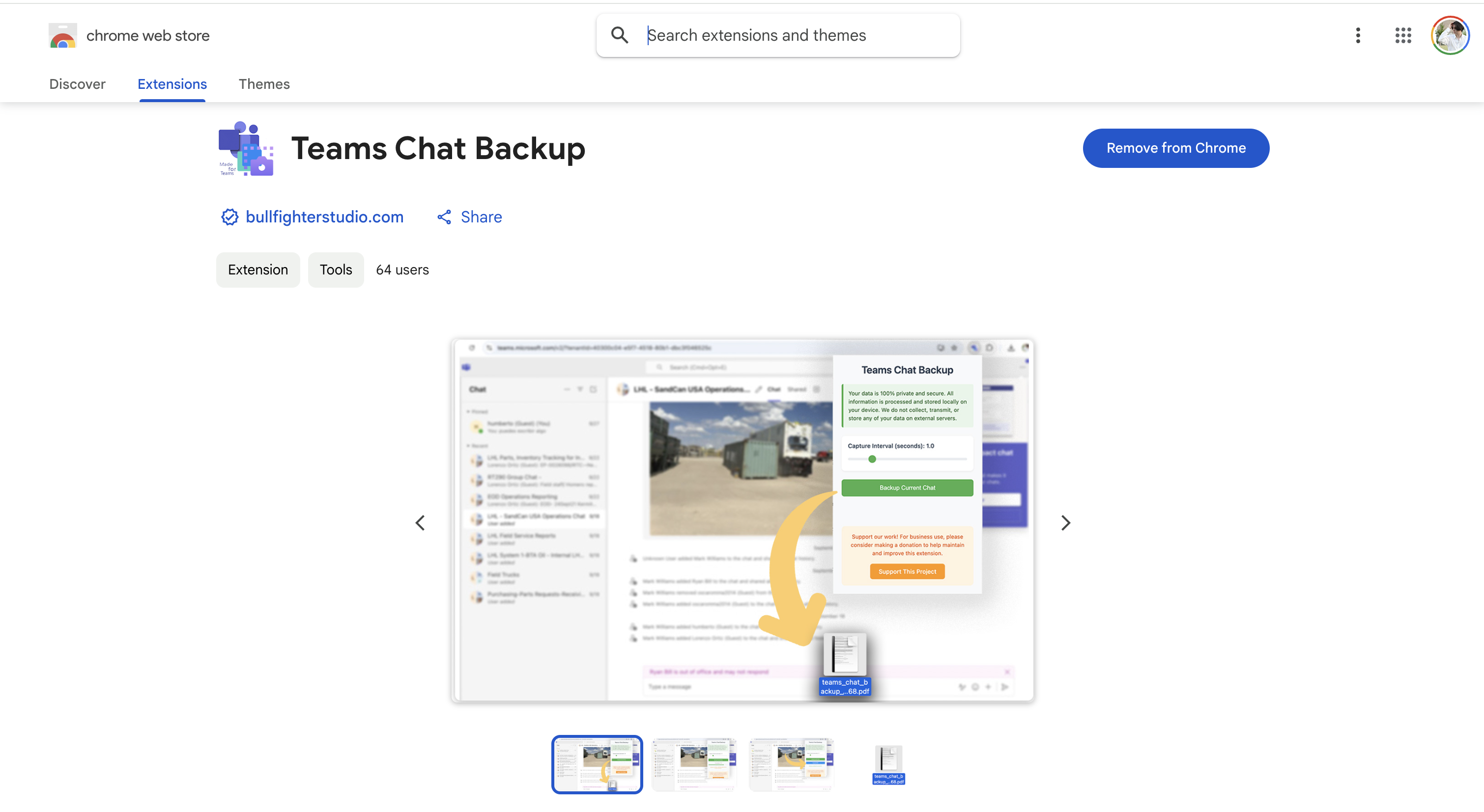 Teams Chat Backup Extension Interface